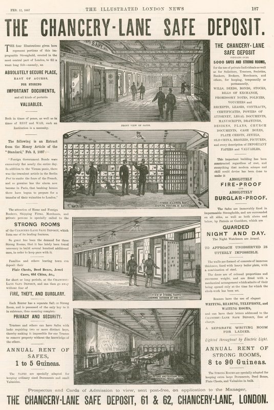 Advertentie voor de Chancery Lane Safe Deposit, 61-62 Chancery Lane, Londen door English School