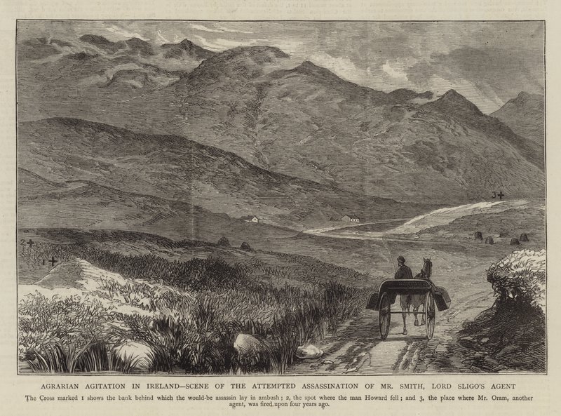 Agrarische agitatie in Ierland, scène van de poging tot moord op Mr. Smith, agent van Lord Sligo door English School