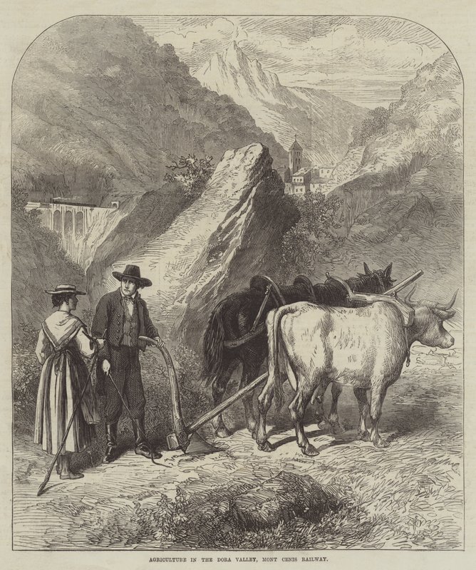 Landbouw in de Dora-vallei, Mont Cenis-spoorweg (gravure) door English School