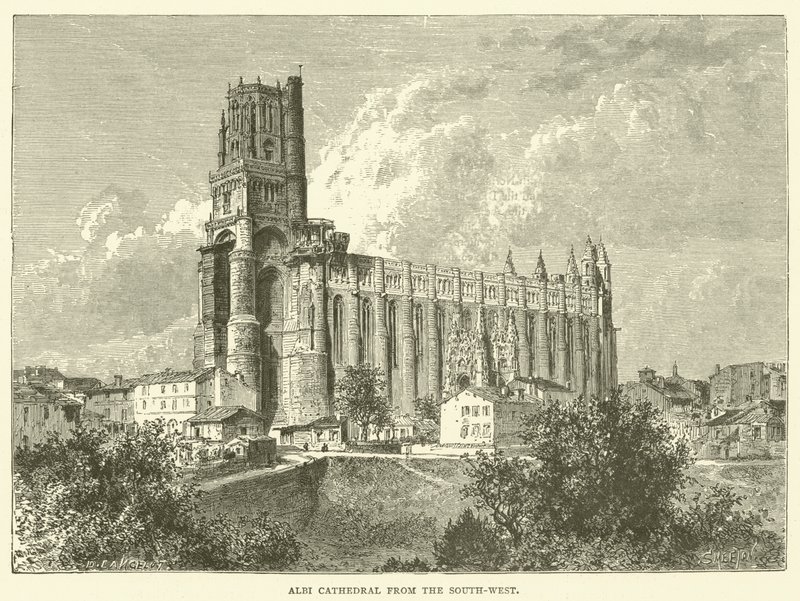 De kathedraal van Albi vanuit het zuidwesten (gravure) door English School