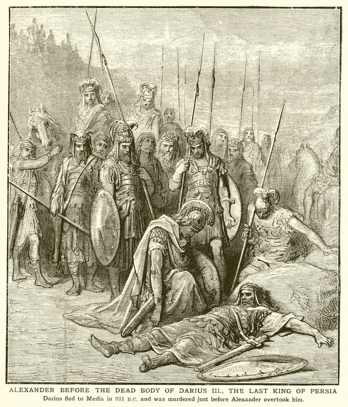 Alexander voor het dode lichaam van Darius III, de laatste koning van Perzië door English School