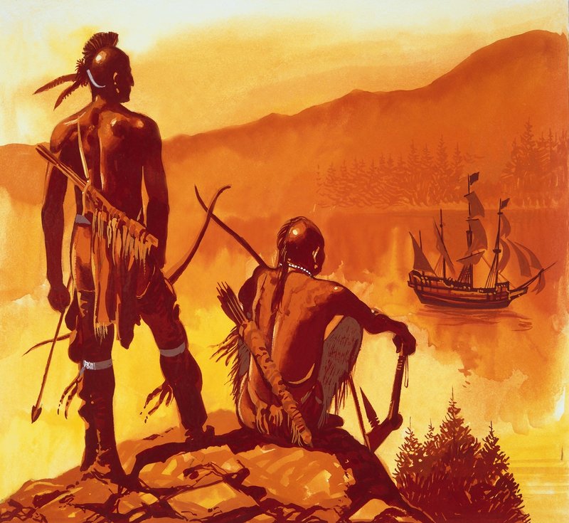 Amerikaanse Indianen kijken naar het schip van indringers door English School