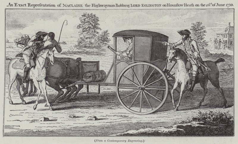 Een exacte weergave van Maclaine de struikrover die Lord Eglington berooft op Hounslow Heath op 26 juni 1750 (gravure) door English School