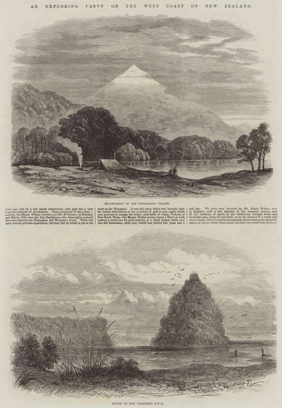 Een Verkenningstocht aan de Westkust van Nieuw-Zeeland (gravure) door English School