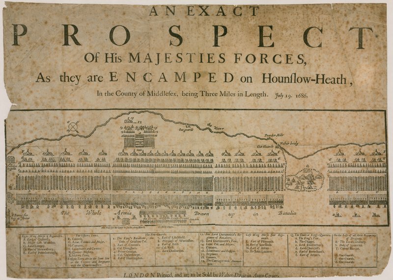 Een exact uitzicht op de troepen van Zijne Majesteit, zoals ze zijn gelegerd op Hounslow Heath, 19 juli 1686 door English School
