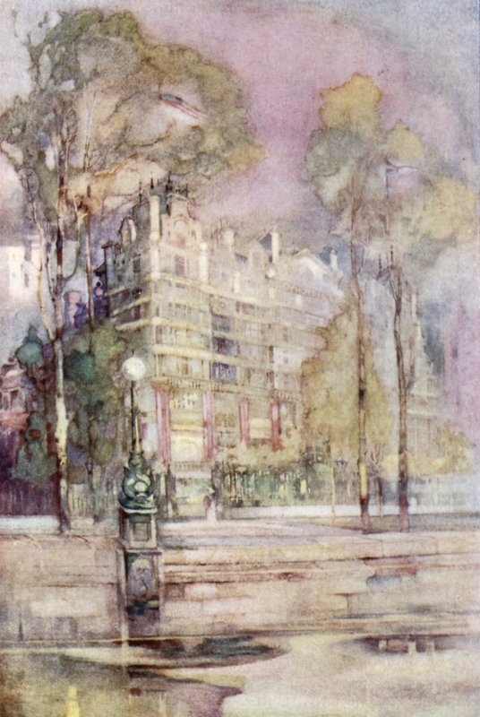 Een Impressionistisch Uitzicht op de Rivierkant van het Savoy Hotel (kleur litho) door English School