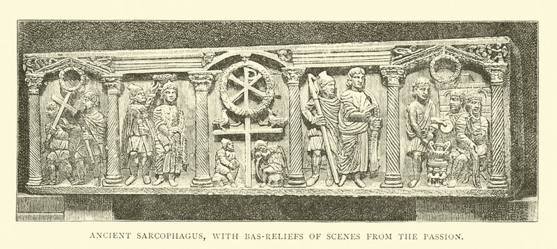Oude sarcofaag met bas-reliëfs van scènes uit de Passie door English School