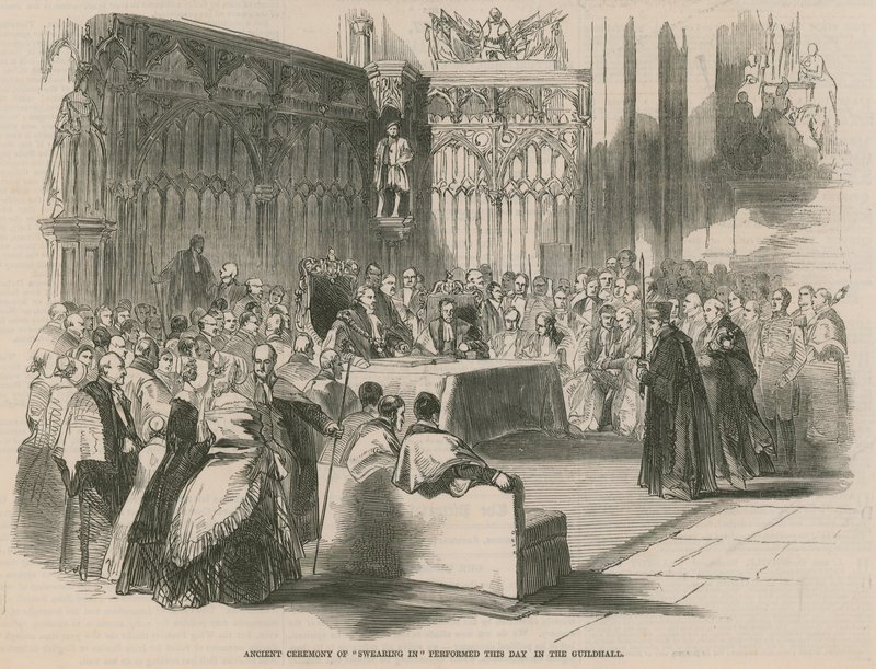 Oude ceremonie van de eedaflegging uitgevoerd in de Guildhall door English School