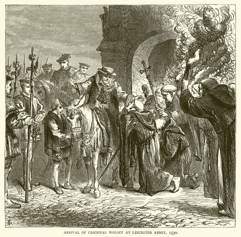 Aankomst van kardinaal Wolsey in Leicester Abbey, 1530 door English School
