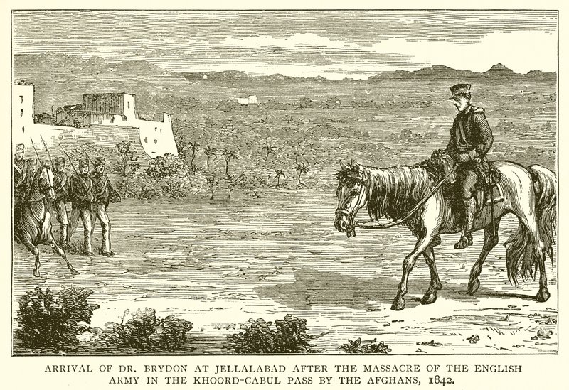Aankomst van Dr. Brydon in Jellalabad na het Bloedbad van het Engelse Leger in de Khoord-Cabul Pas door de Afghanen, 1842 door English School