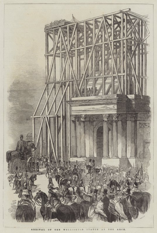 Aankomst van het Wellington Standbeeld bij de Boog (gravure) door English School