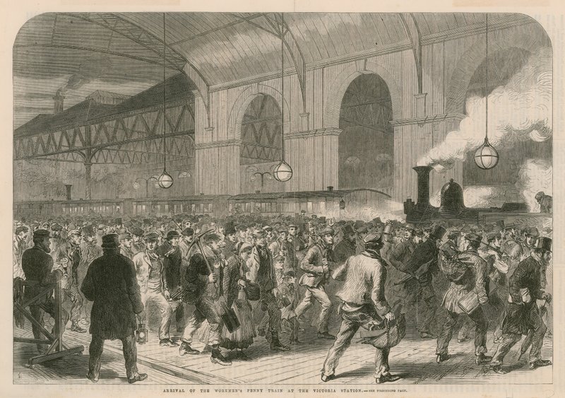 Aankomst van de arbeiderspennytrein op het Victoria Station door English School