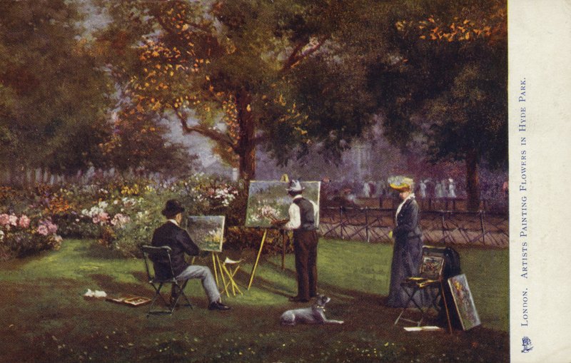 Kunstenaars schilderen bloemen in Hyde Park, Londen door English School