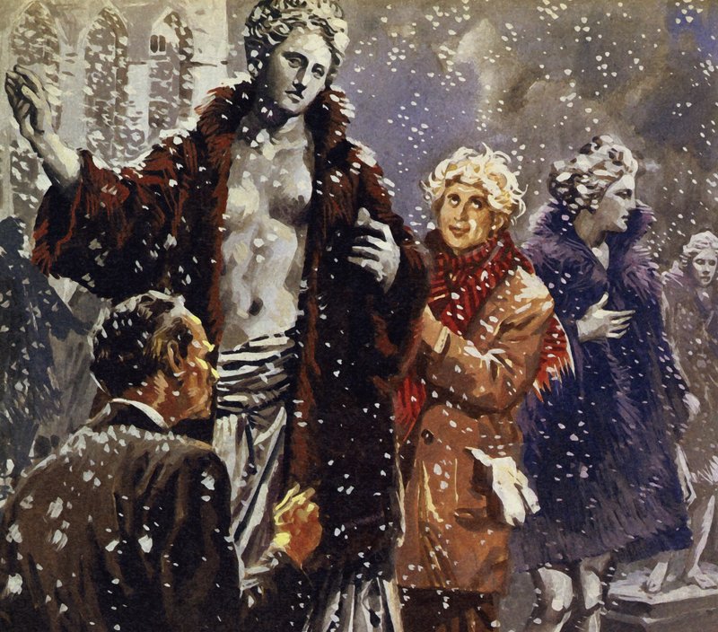 Als grap kleedde Harpo standbeelden in bontjassen toen hij zag dat het sneeuwde door English School