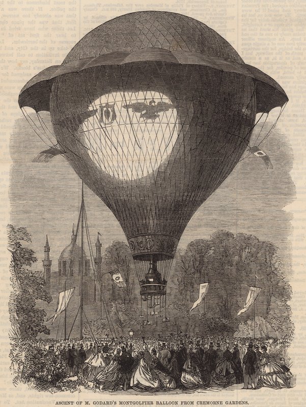 Opstijging van de Montgolfier-luchtballon van M. Godard vanuit Cremorne Gardens door English School