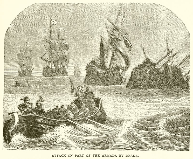 Aanval op een deel van de Armada door Drake door English School
