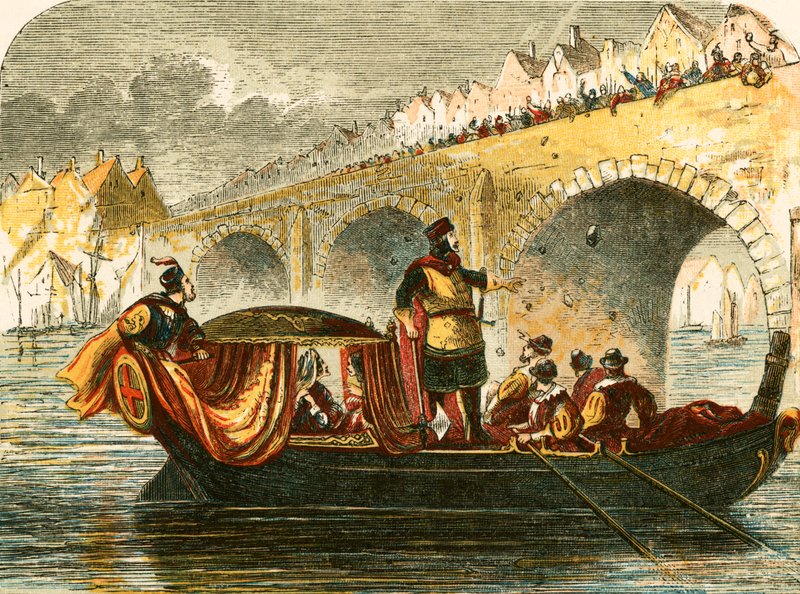 Poging om de schuit van Eleanor, koningin van Hendrik III, bij de Londense brug te laten zinken door English School