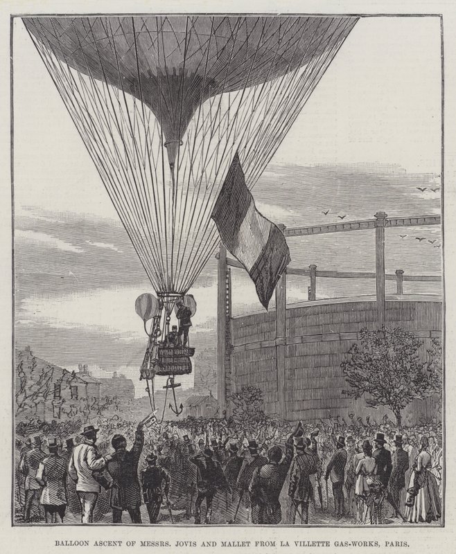 Ballonvaart van Messers Jovis en Mallet vanaf La Villette Gasfabriek, Parijs door English School