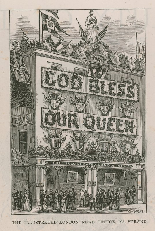Banier die de kantoren van de Illustrated London News siert door English School