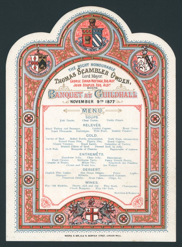 Banket in Guildhall, 9 november 1877, menu door English School