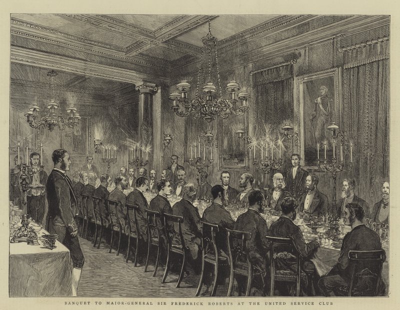 Banket voor generaal-majoor Sir Frederick Roberts in de United Service Club, illustratie voor The Graphic, 4 december 1880 door English School
