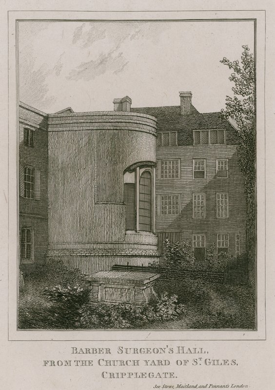 Barber Surgeons Hall, Monkwell Street, Londen, gezien vanaf het kerkhof van St Giles, Cripplegate door English School