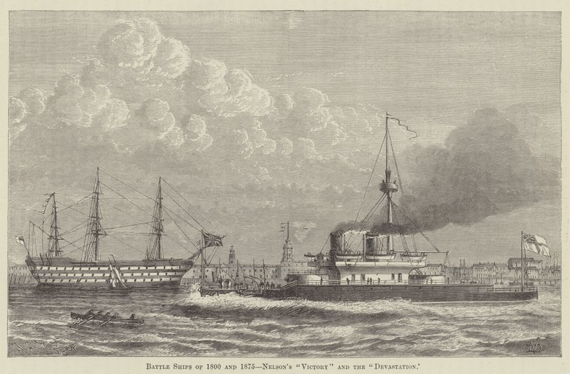 Slagschepen van 1800 en 1875, Nelsons "Victory" en de "Devastation" (gravure) door English School
