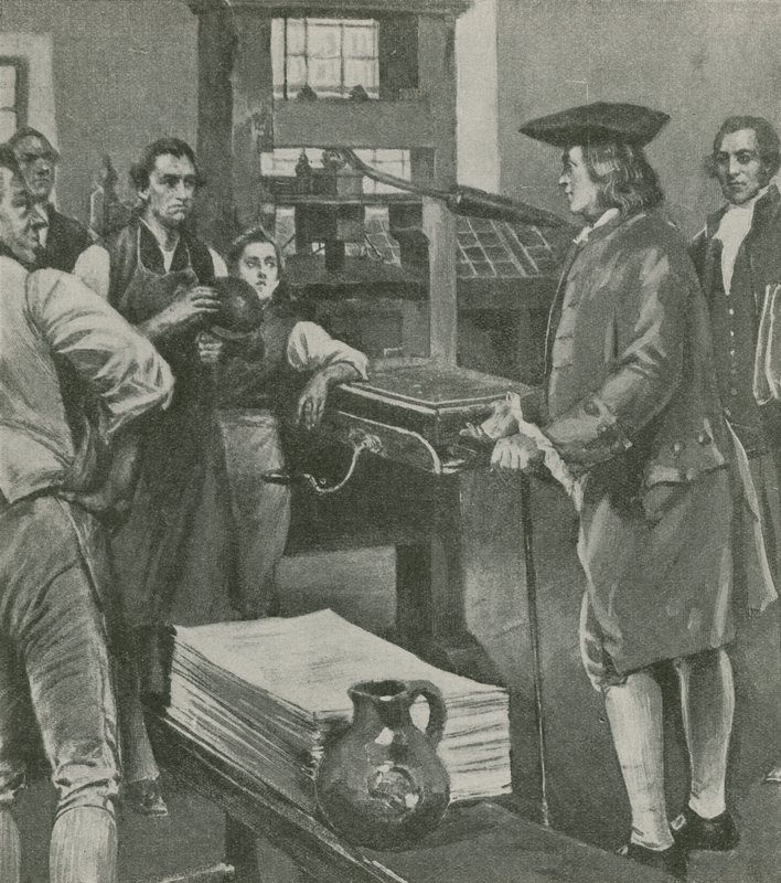 Benjamin Franklin bezoekt de drukkerij van zijn oude meester in Londen door English School