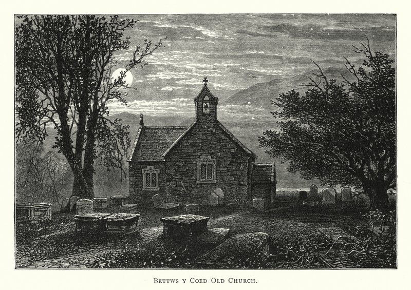 Oude Kerk van Bettws y Coed (gravure) door English School