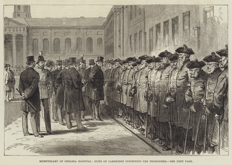 Tweehonderdjarig bestaan van het Chelsea Hospital, Hertog van Cambridge inspecteert de Pensioentrekkers (gravure) door English School
