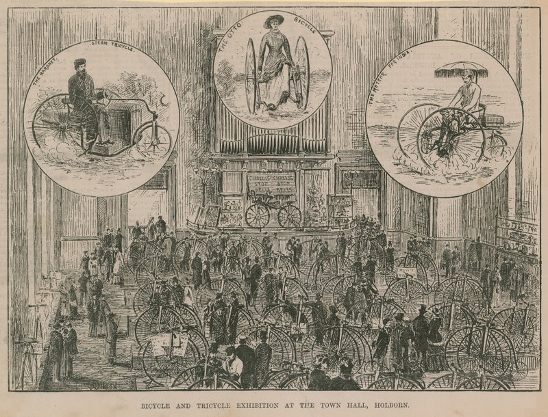 Fiets- en driewielertentoonstelling in het Stadhuis, Holborn door English School