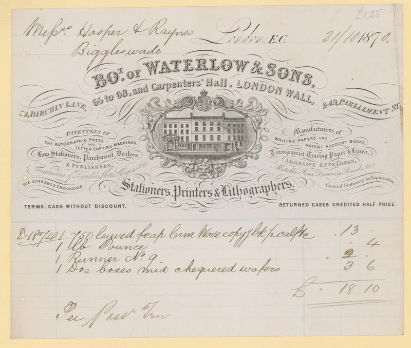 Rekening van Waterlow and Sons, 66-68 Carpenters Hall, London Wall, kantoorboekhandelaren door English School