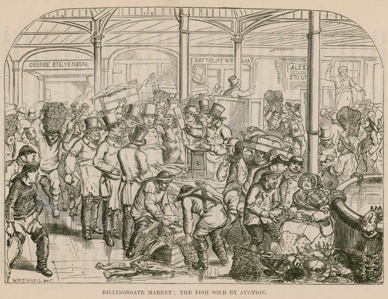 Billingsgate Markt, de Vis Verkocht bij Veiling door English School