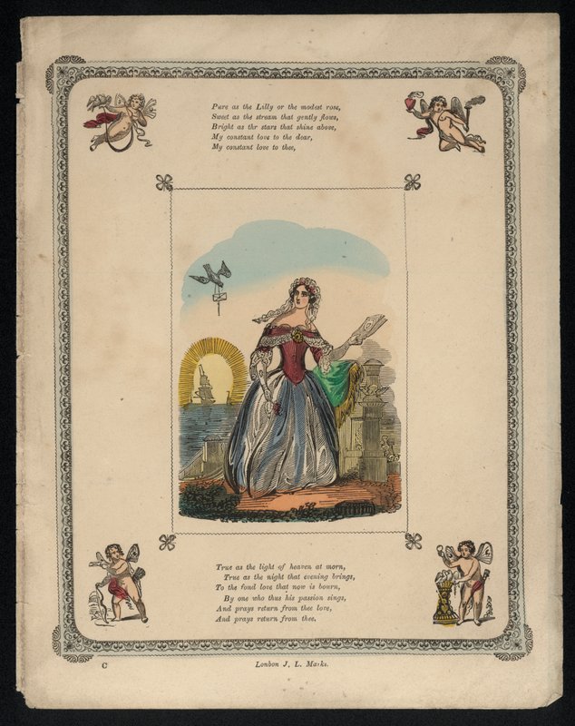 Vogel bezorgt een liefdesbrief aan een vrouw, liefdesgedicht (gekleurde gravure) door English School