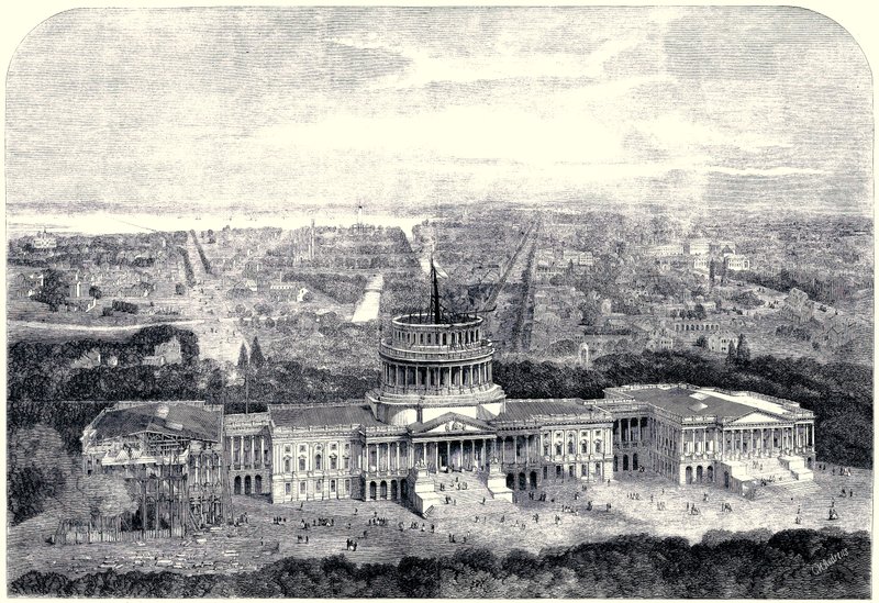 Vogelperspectief van de stad Washington 1861, met het Capitool in aanbouw op de voorgrond (digitaal schoongemaakte versie) door English School