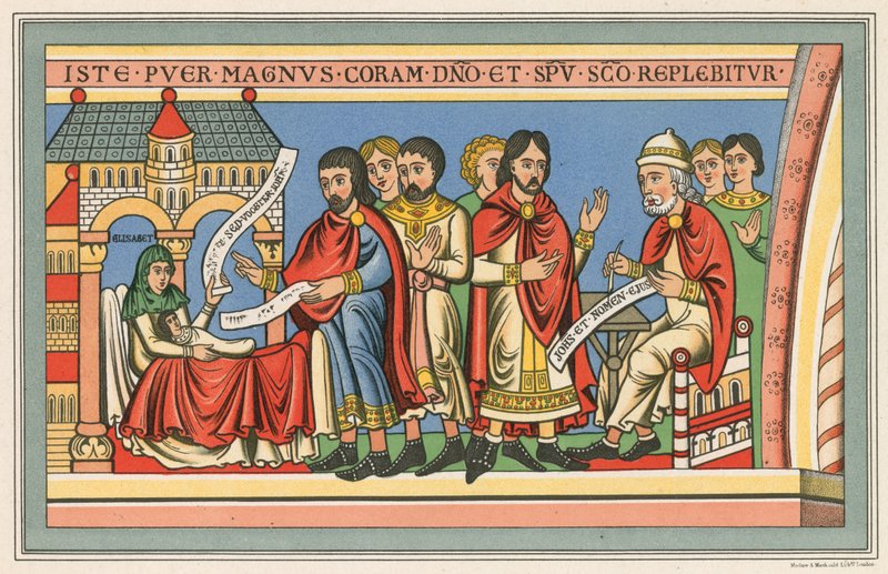 Geboorte van Johannes de Doper, weerspiegelend kostuum van de 12e eeuw door English School