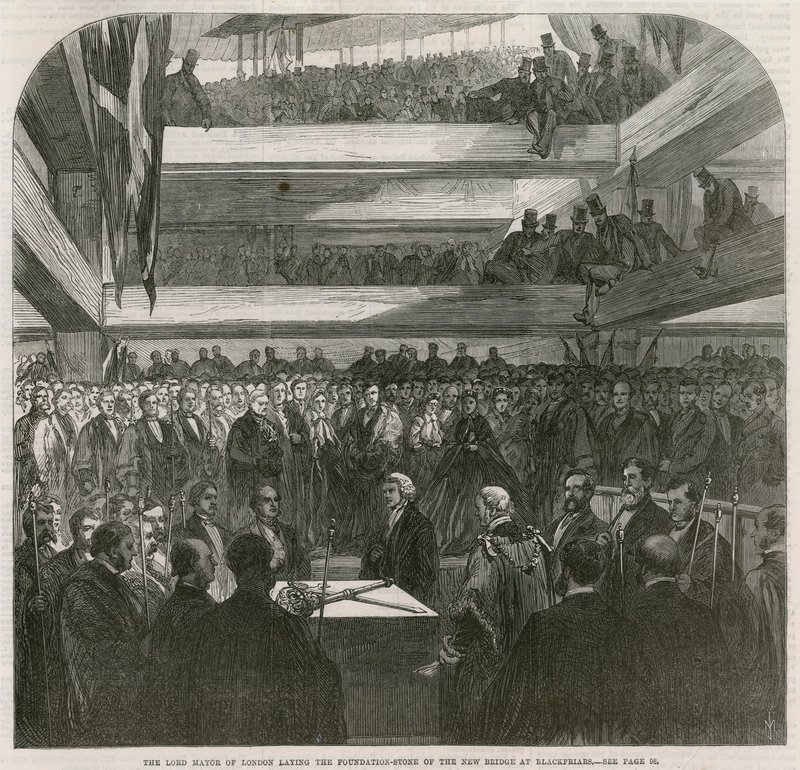 Blackfriars Brug. Ceremonie voor het leggen van de eerste steen, 20 juli 1865 door English School