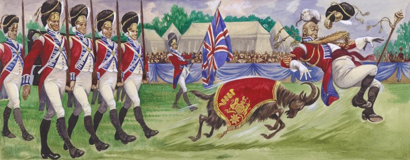 Bobbie, een regimentsmascotte, die de tamboer-majoor stoot door English School