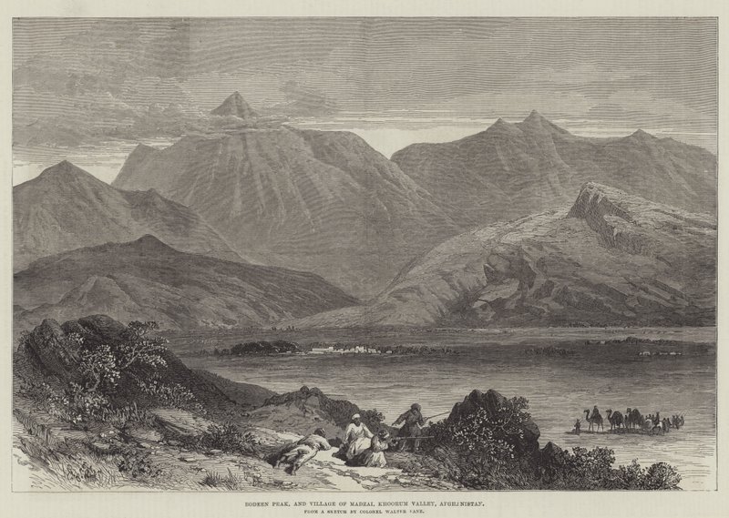 Bodeen Peak en het dorp Madzai, Khoorum-vallei, Afghanistan (gravure) door English School