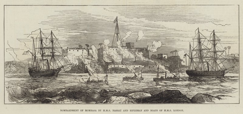 Bombardement van Mombasa door HMS Nassau en Rifleman en boten van HMS London (gravure) door English School