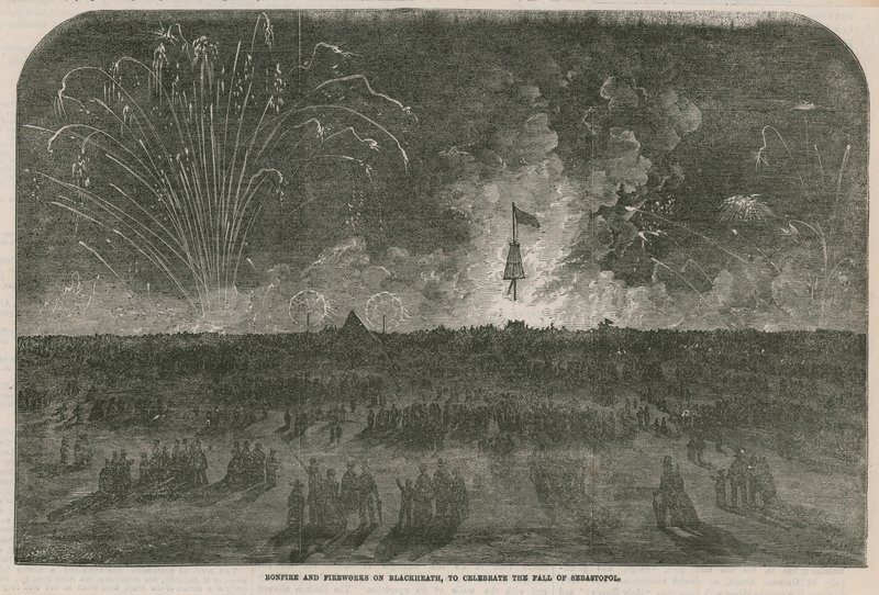 Vreugdevuur en vuurwerk op Blackheath door English School