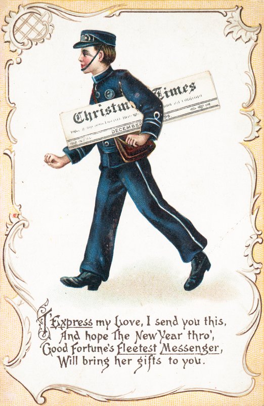 Jongen bezorgt kerstkrant, kerstkaart door English School