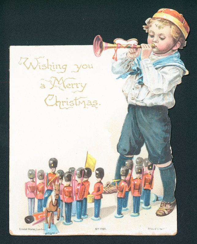 Jongen speelt met tinnen soldaatjes en blaast op trompet, Kerstkaart door English School