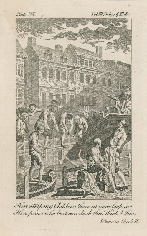 Jongens baden in de Fleet Ditch bij Bridewell Bridge in 1728 door English School