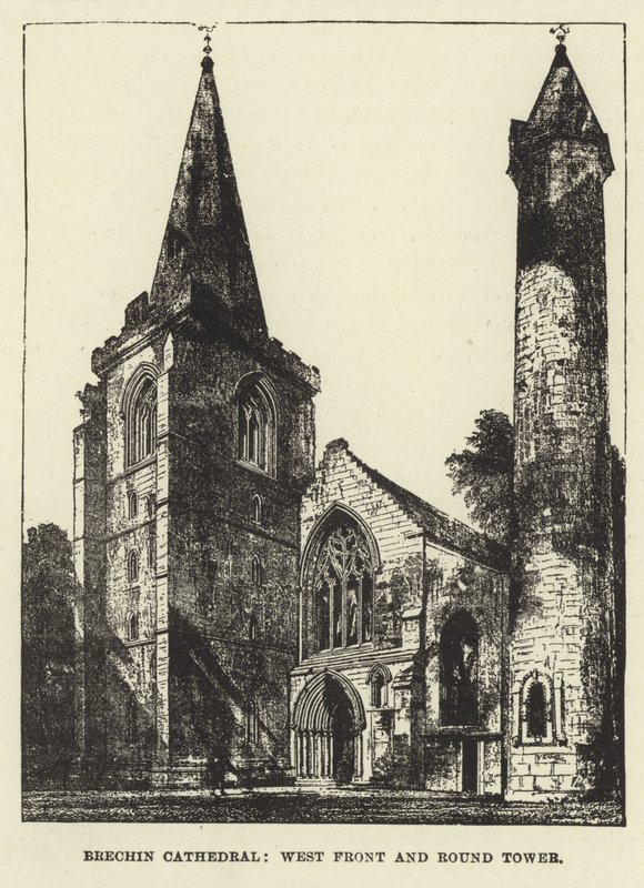 Brechin-kathedraal, westelijke gevel en ronde toren door English School