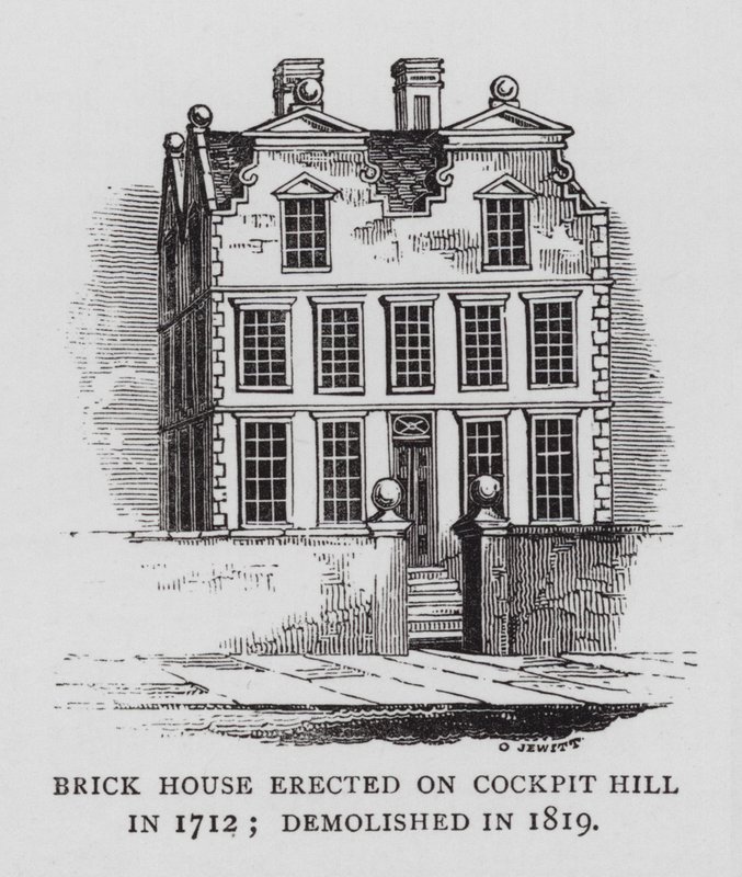 Bakstenen Huis gebouwd op Cockpit Hill in 1712; gesloopt in 1819 door English School