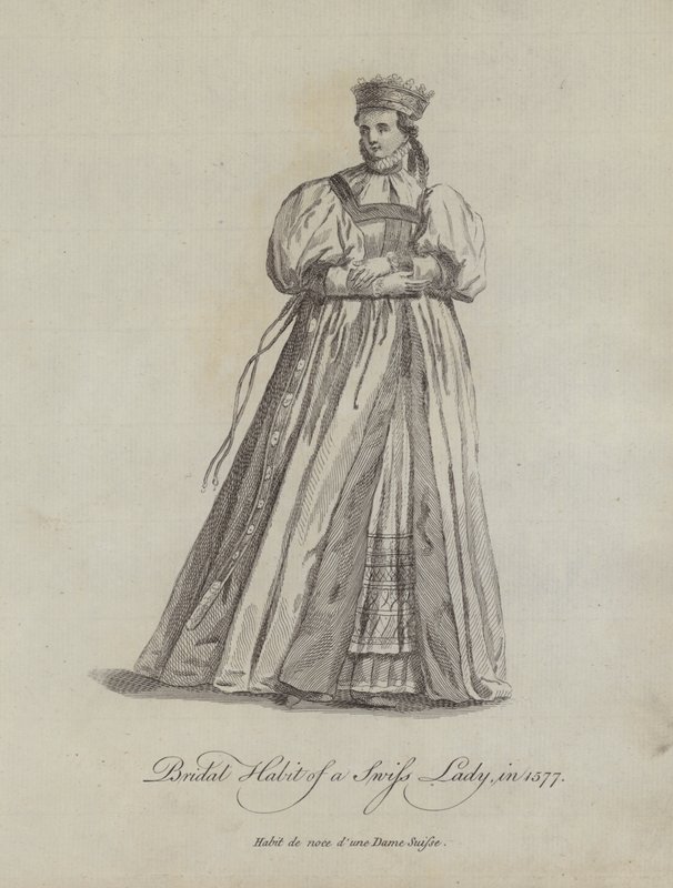 Bruidsgewoonte van een Zwitserse dame in 1577 (gravure) door English School