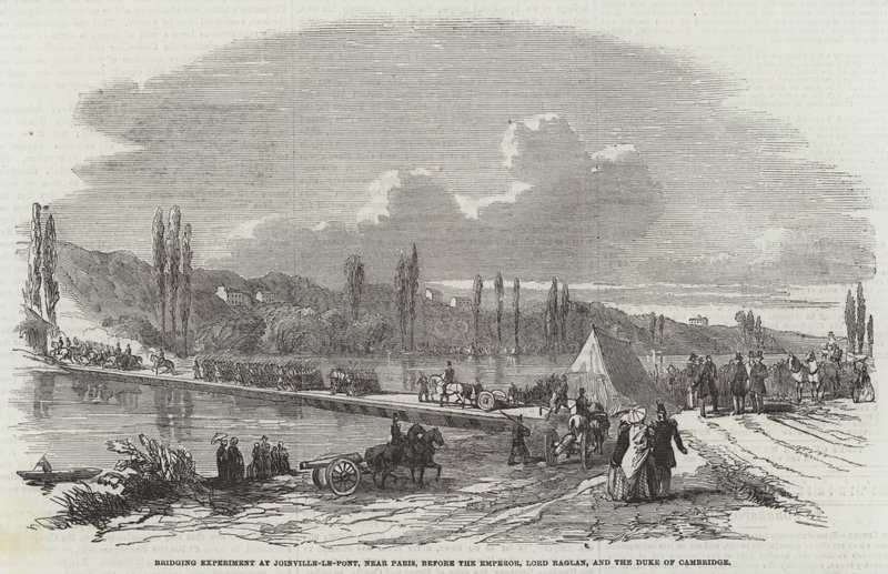 Brugexperiment in Joinville-le-Pont, nabij Parijs, voor de Keizer, Lord Raglan, en de Hertog van Cambridge door English School