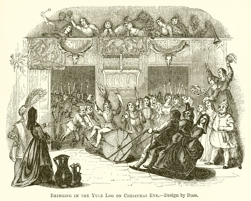Het binnenbrengen van het Yule-blok op kerstavond door English School