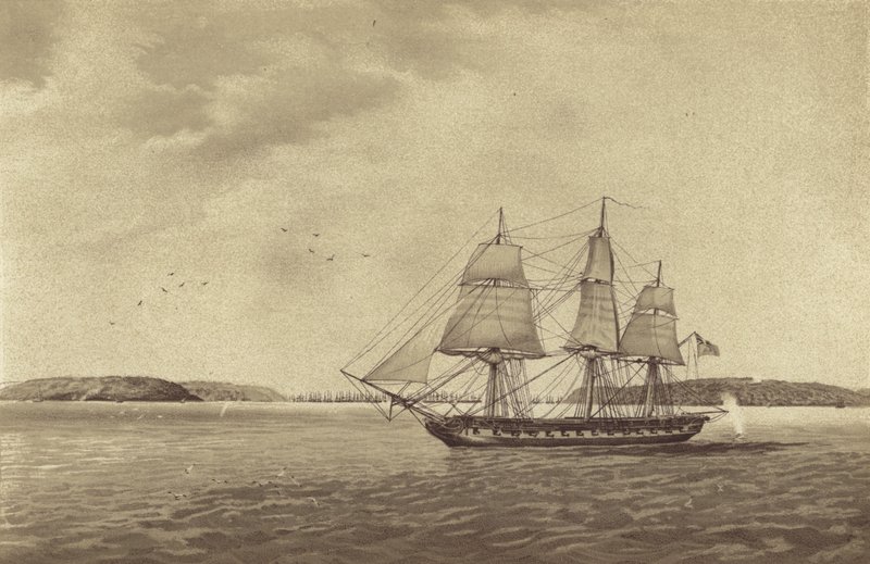 Britse fregat HMS Fisgard, onder bevel van kapitein Thomas Byam Martin, verkenning bij Brest, Frankrijk door English School